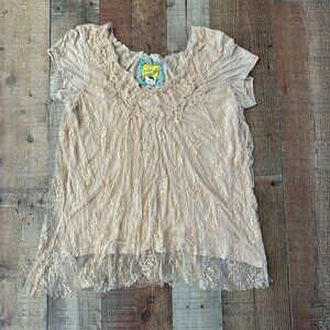 Bella Bird tan blouse with sheer lace layer women's L